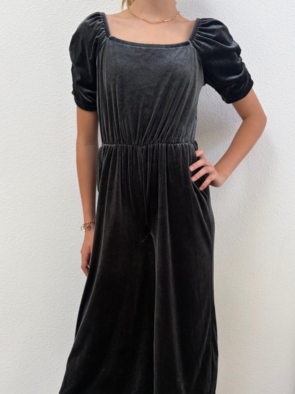 Nordstrom Grey Velvet Puff Sleeve Jumpsuit Size L 10 12 Holiday Party